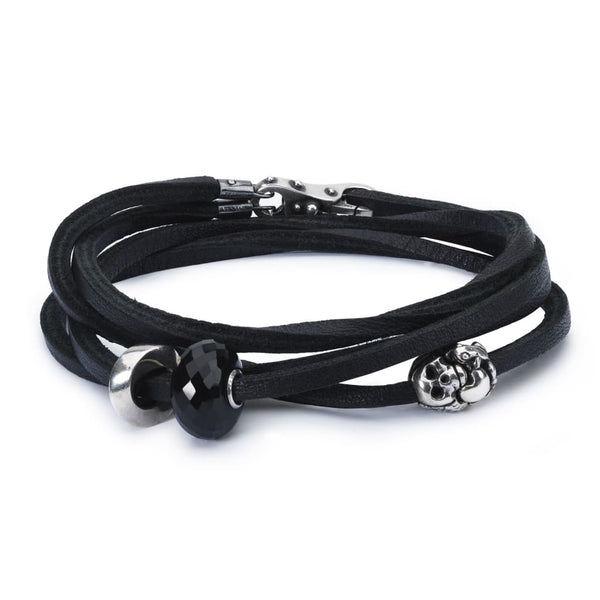 Leather Bracelet Black with Black Onyx and Sterling Silver 