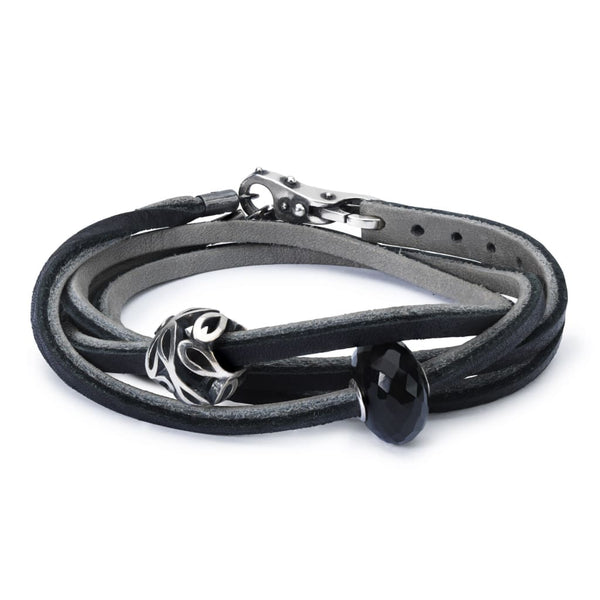 Leather Bracelet Black/Grey with Black Onyx and Sterling 